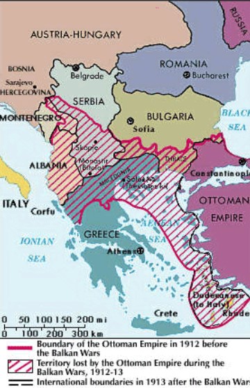 A map showing territory that the Ottoman Empire lost in the Balkan Wars