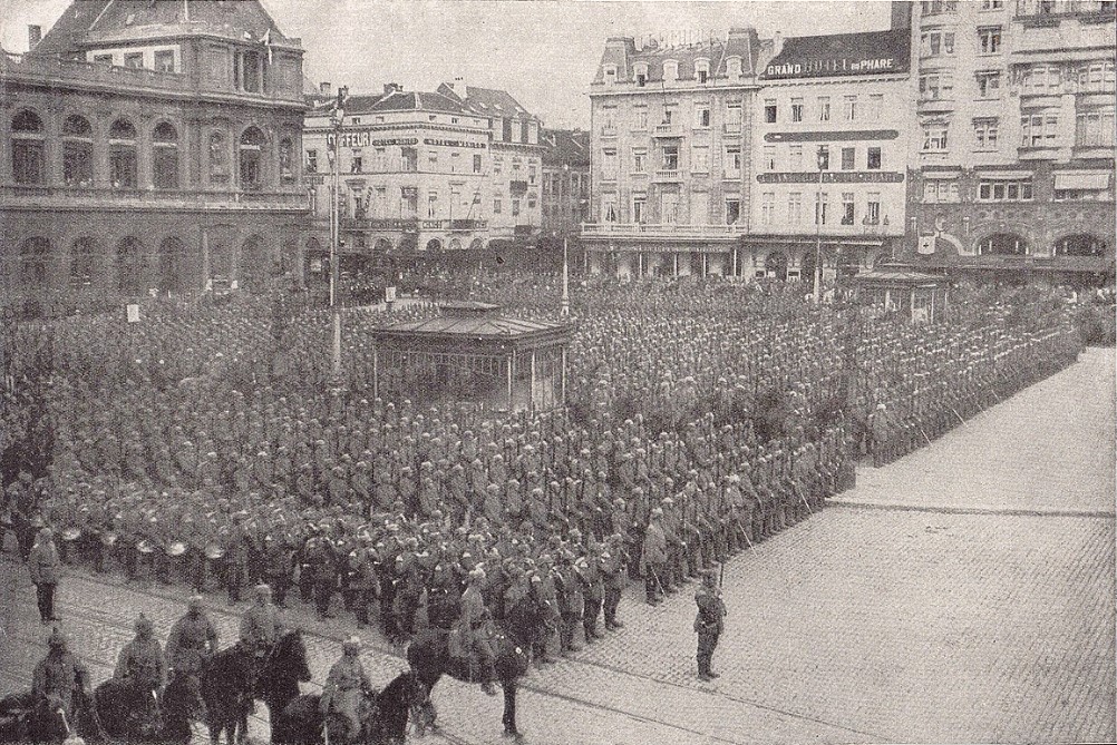 A mass of German troops in occupied Belgium